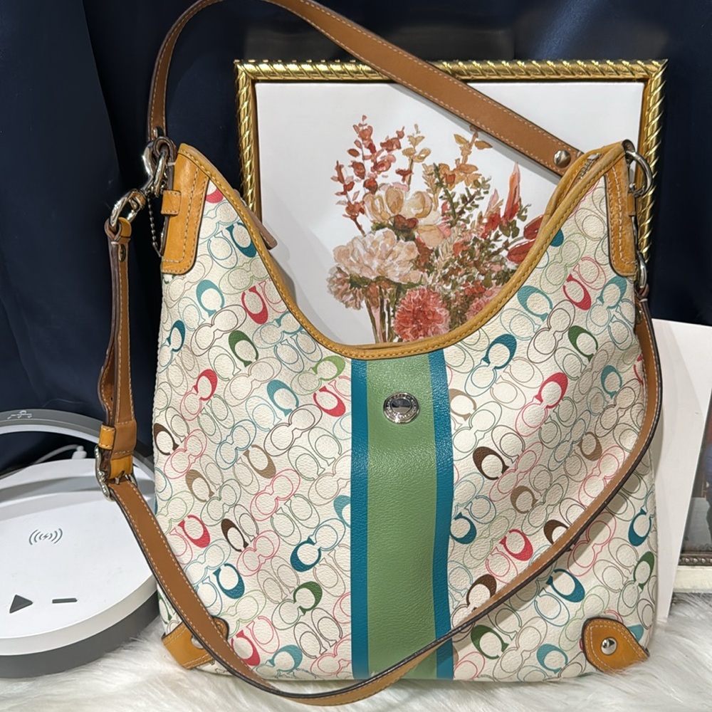💚COACH Chelsea Heritage Stripe Hobo F15138 White Green Shoulder Bag Logo